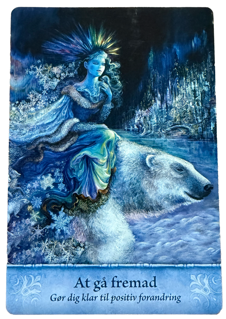 Kortet er holdt i kolde blå og hvide nuancer med et vinterligt, næsten iskrystalagtigt skær. Forrest sidder en kvinde med lys blå hud og langt hår, der rejser sig som farvestrålende lysstråler bag hendes hoved. Hun er iført en kappe og kjole med frosne mønstre, som ligner snefnug. Hun sidder på ryggen af en stor, hvid isbjørn, der går roligt frem over en frossen sø. Rundt om dem svæver snefnug, og i baggrunden ses en isbelagt by eller palads, formet som spidse krystaller. Billedet udstråler kulde, bevægelse og en majestætisk ro.